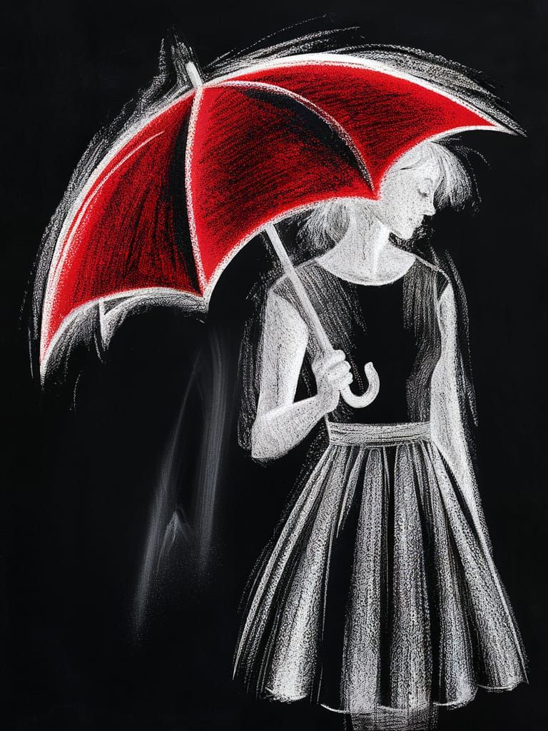 Red Umbrella Charcoal Drawing on Blackboard