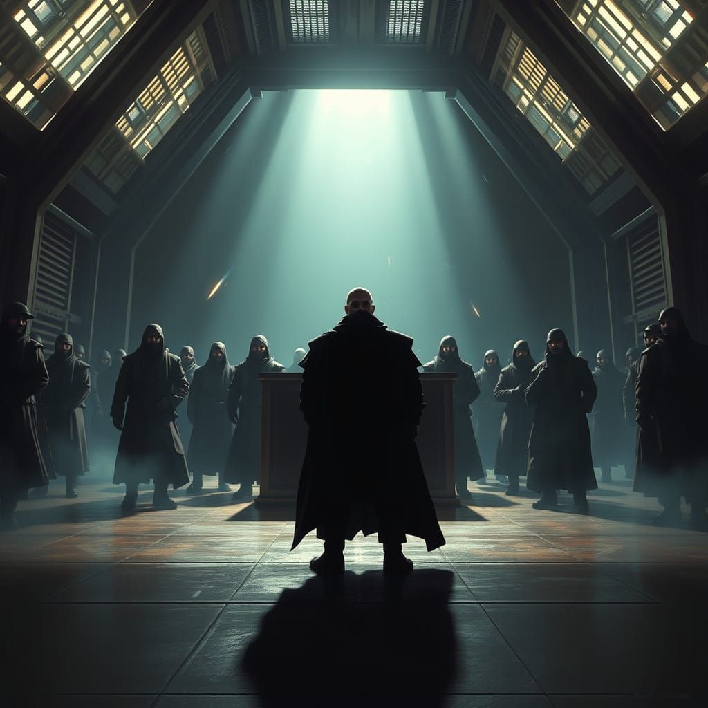 Dark Cyberpunk Hangar Scene with Mysterious Figures