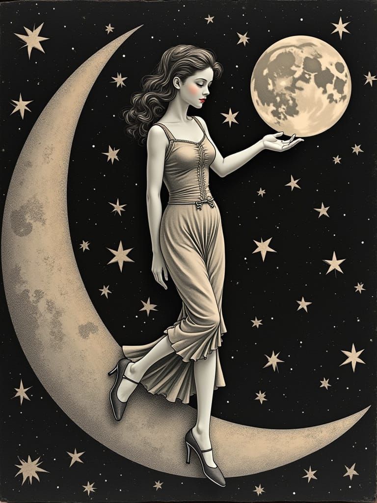 Pretty Moon Girl in Fornasetti Style