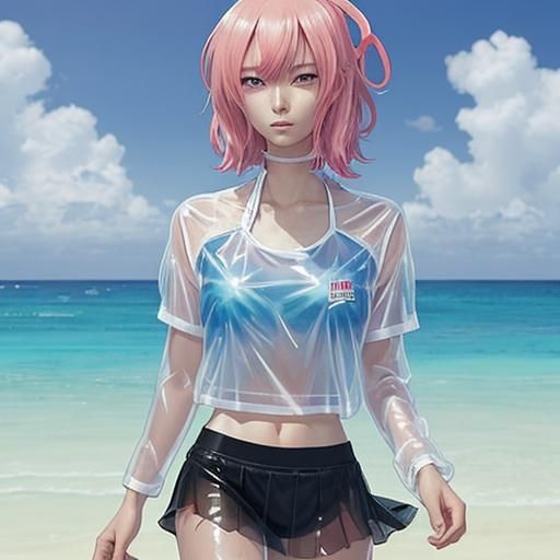 Anime Maid and Demon Boy on Beach