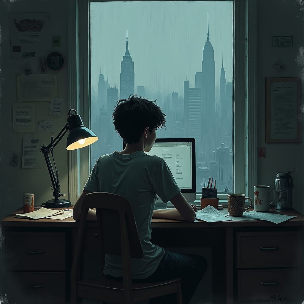 Melancholic Figure in Rainy Cityscape: Hopper and Basquiat S...