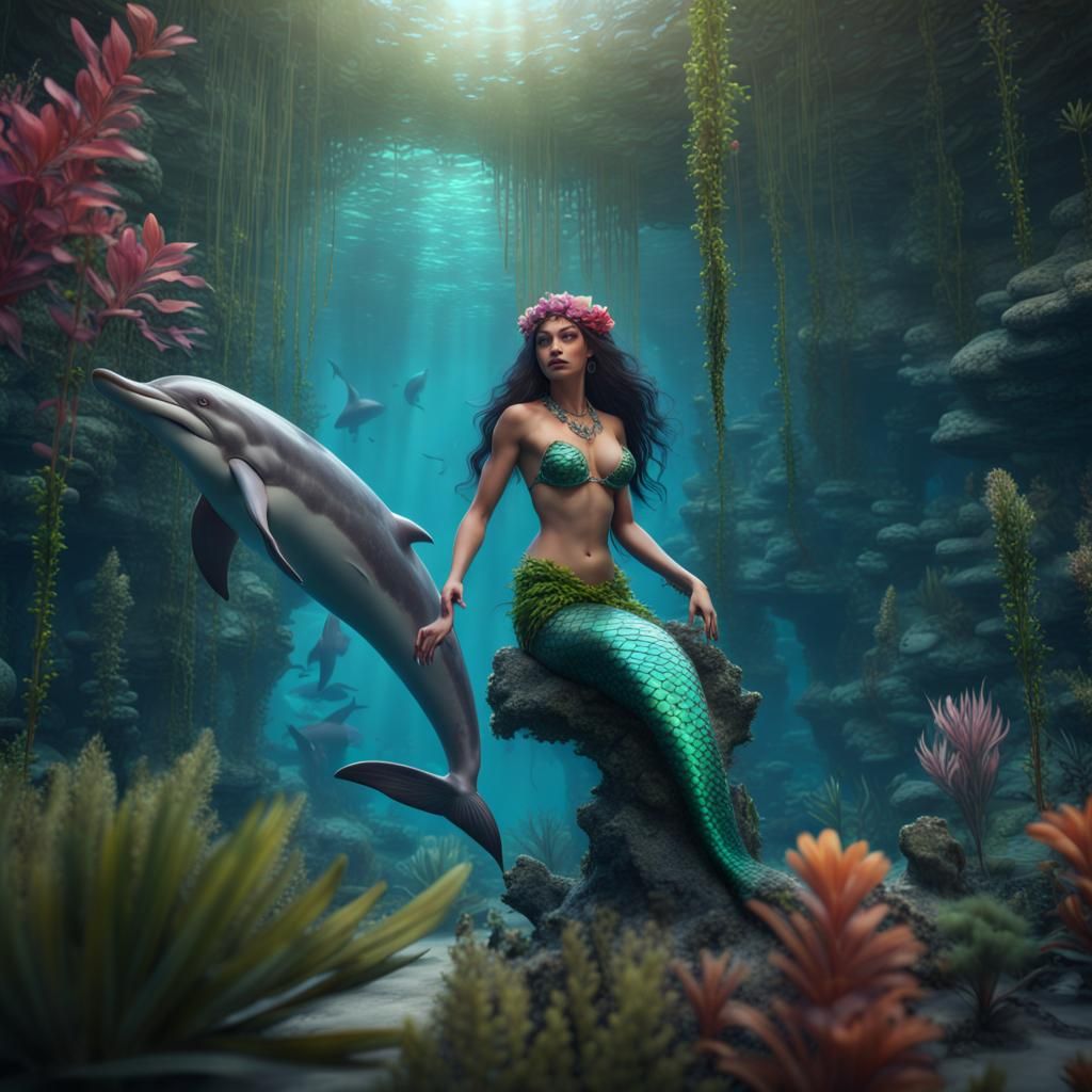 Mermaid and Dolphin in Tropical Lagoon