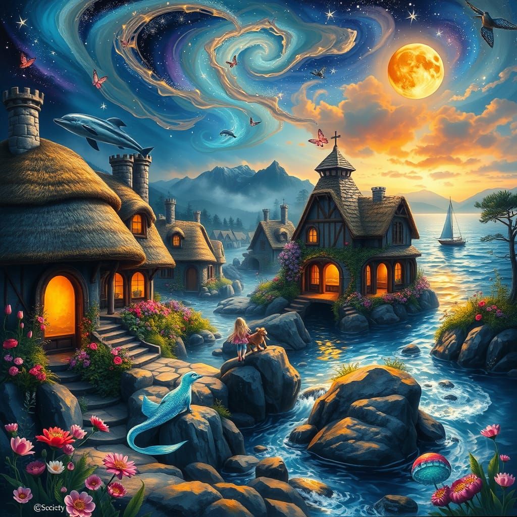 Fantasy Village and Mermaid Landscape Painting