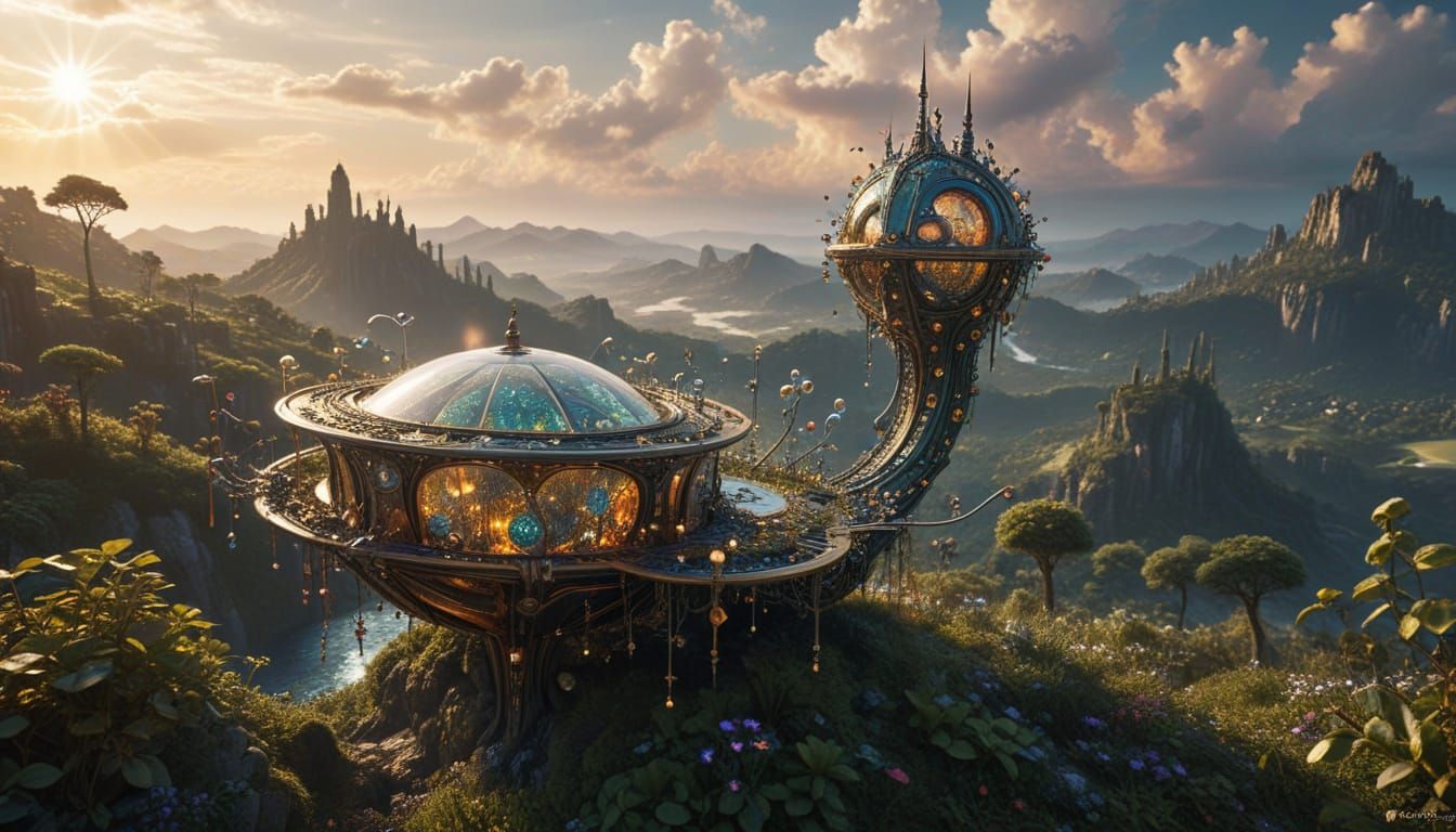 above view beautiful solarpunk aetherpunk idyllic utopian wo...