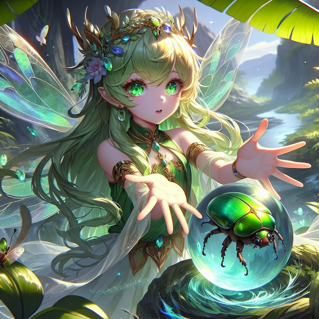 Anime Fairy Conjuring Water Orb with Emerald Scarab
