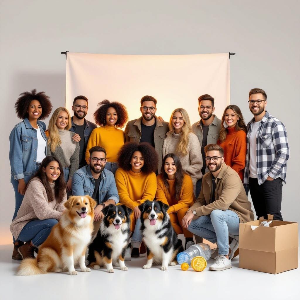 Diverse Group with Puppies and Crypto in Digital Art