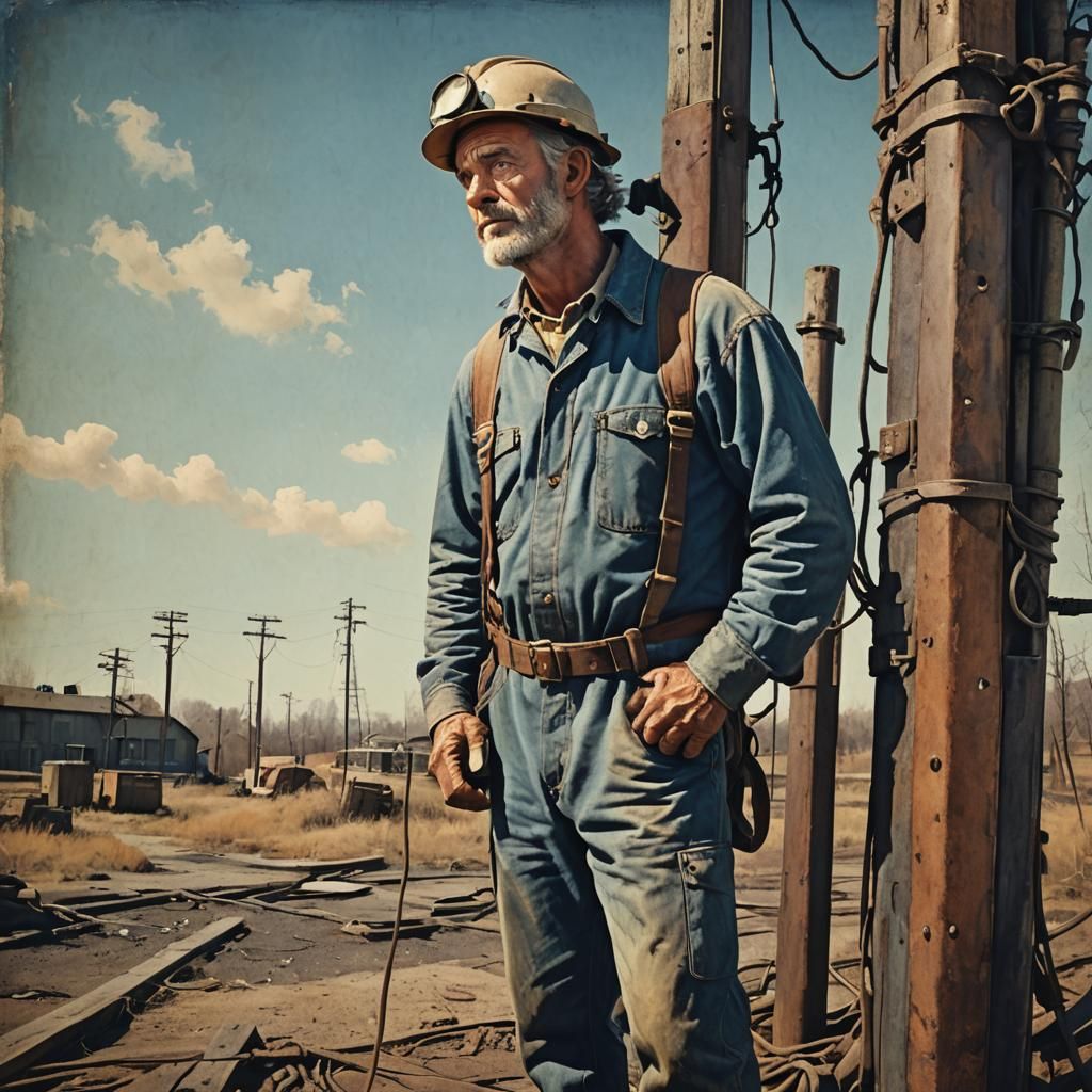 Rugged Worker Stands Tall in a Retro Industrial Landscape