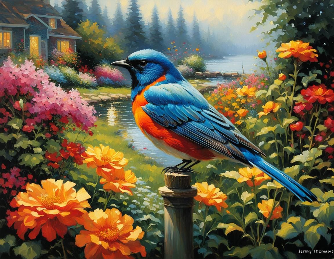 Hyperrealistic Bird in a Colorful Kinkade Garden