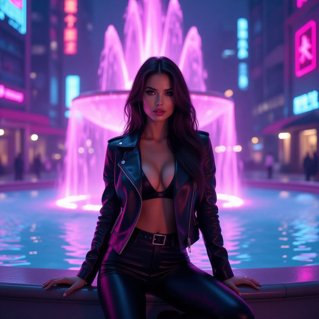 Futuristic Brunette in Neon Cityscape: Cyberpunk Art