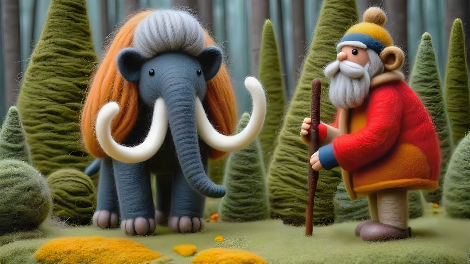 Woolly Mammoth and Caveman in Whimsical Wool Art