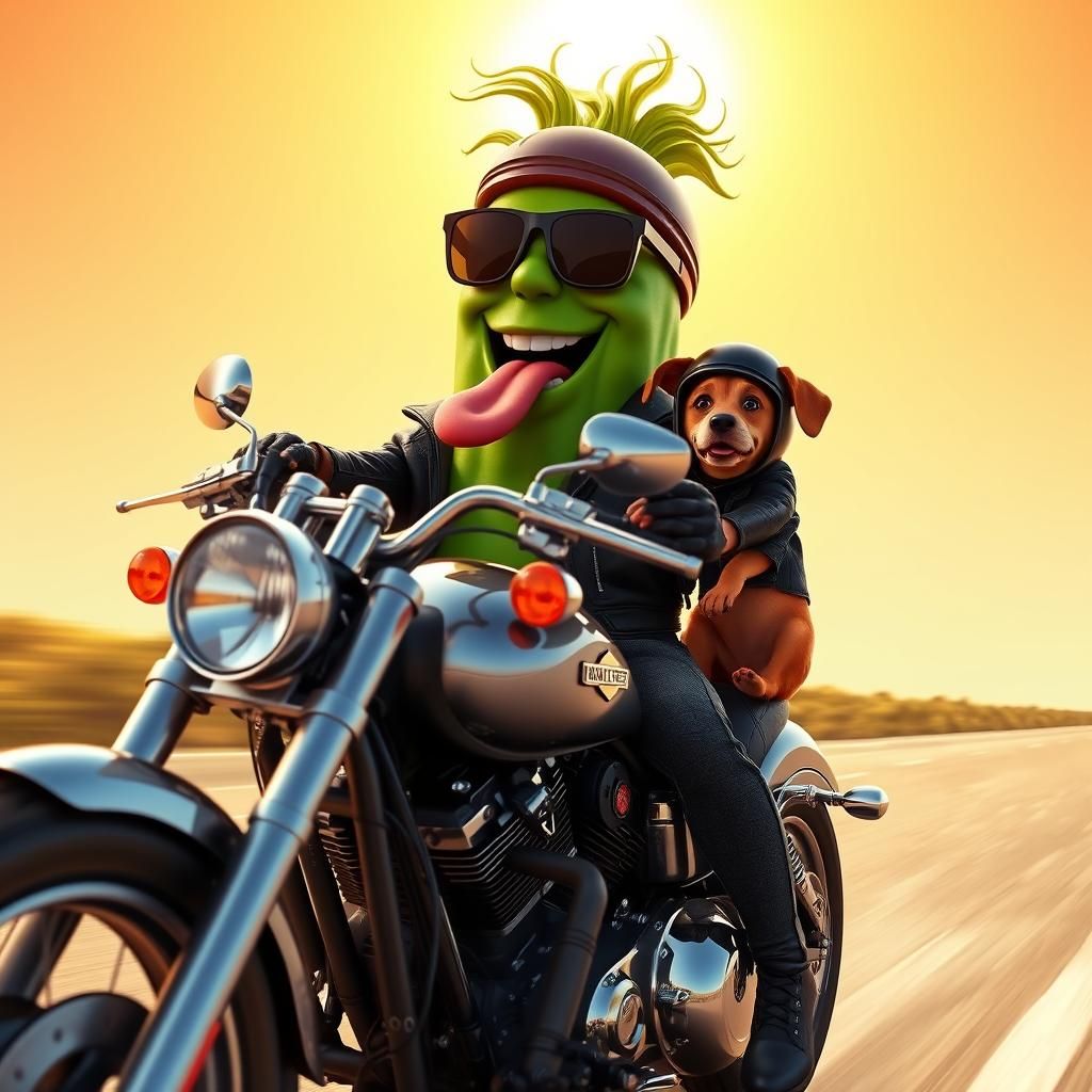 Pickle Rides Harley with Dog: Pixar-style Digital Art