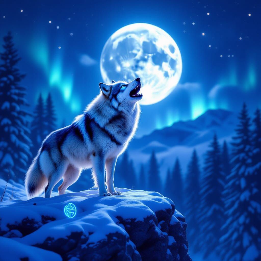 Dire Wolf Howling at Moon in Snowy Forest