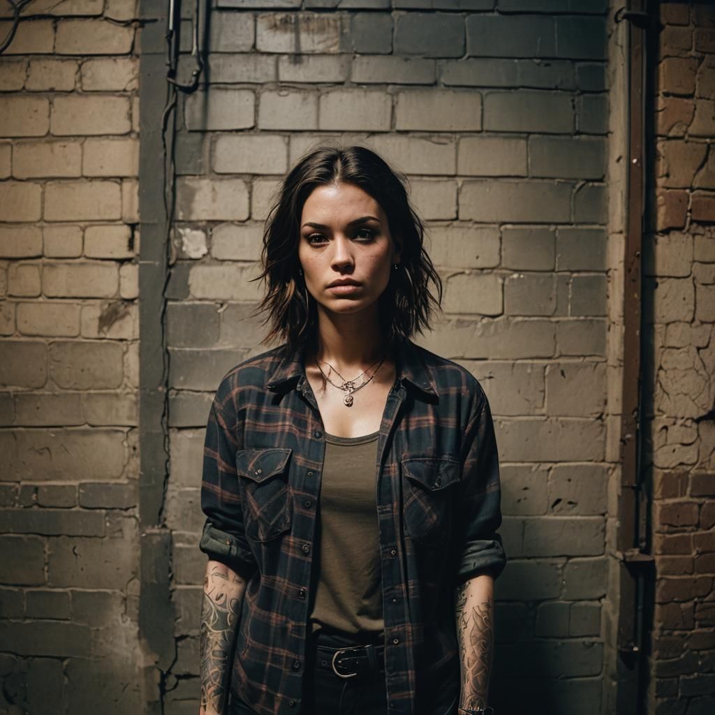 Tattooed Brunette Model in Dimly Lit Alleyway