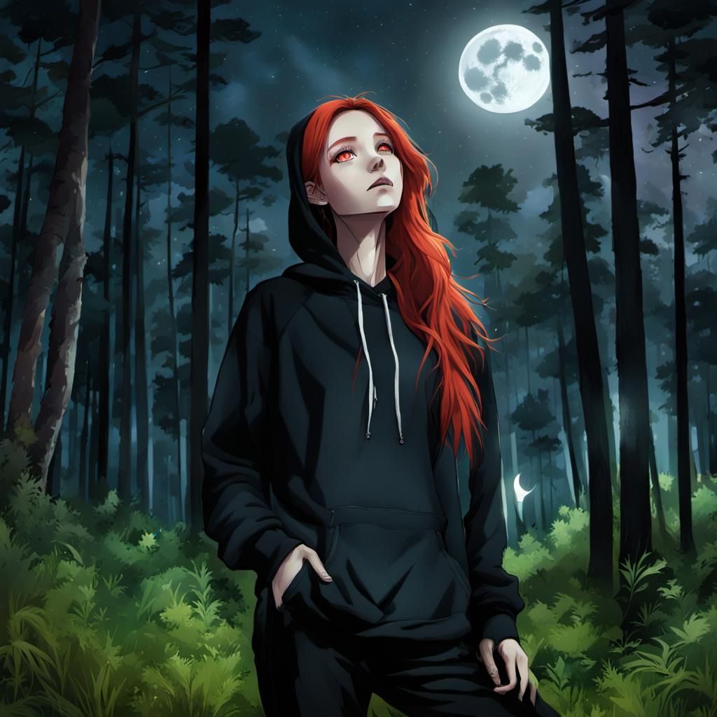 Anime Girl Gazing at Stars Under Full Moon