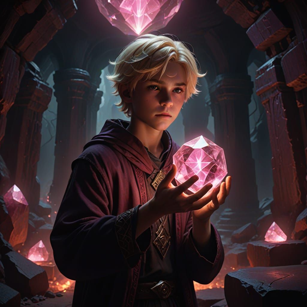 Young Hero Confronts Dark Sorcerer in Mysterious Cavern