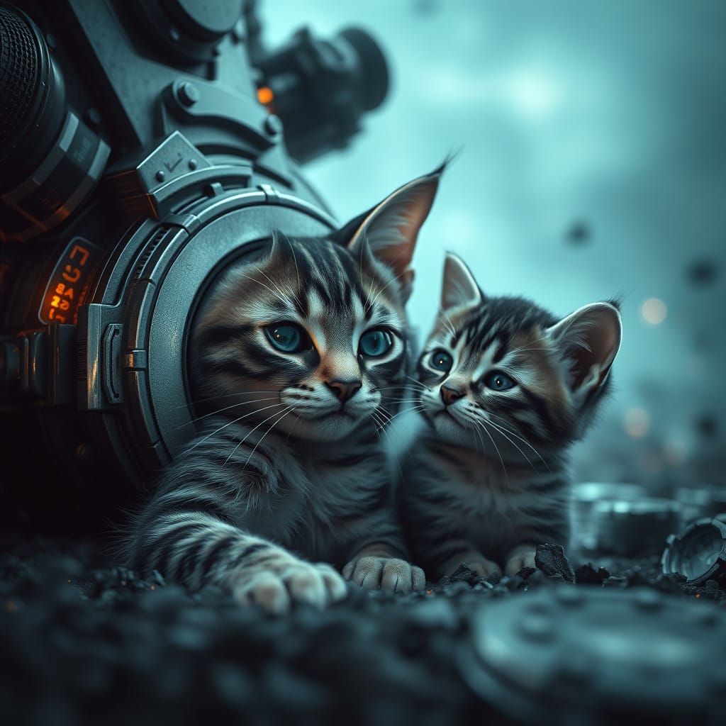Cyberpunk Cat and Kitten Confront the Ocean