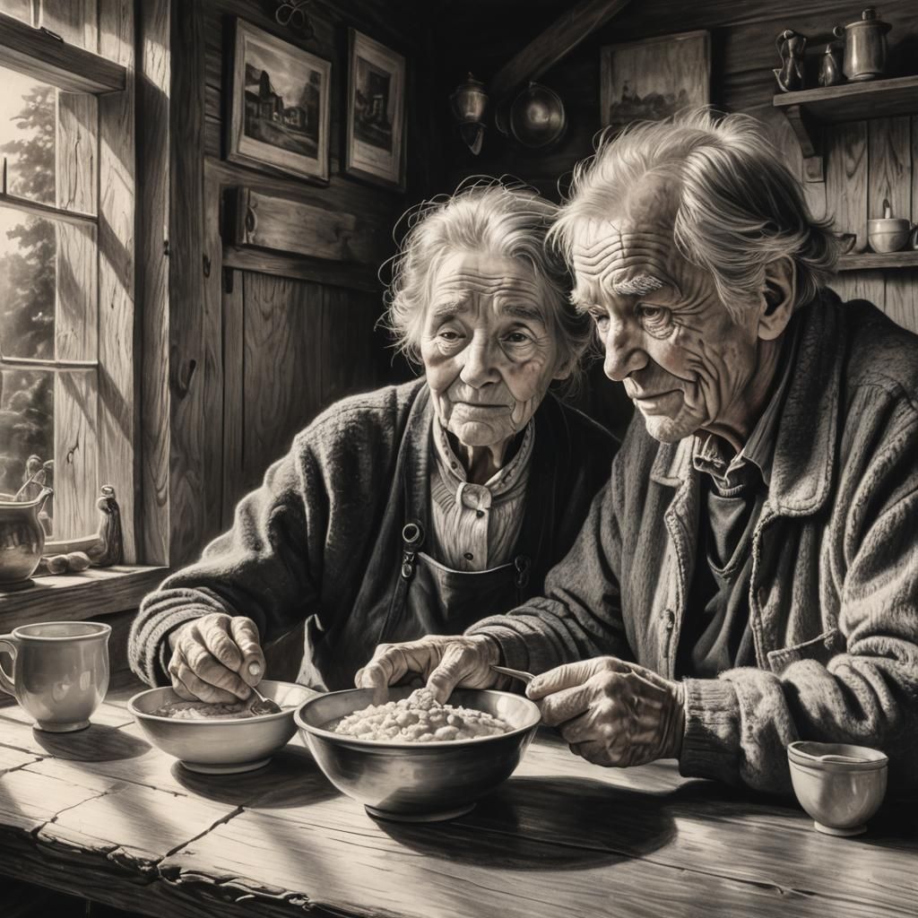 Cozy Cottage: Charcoal Drawing of Elderly Couple