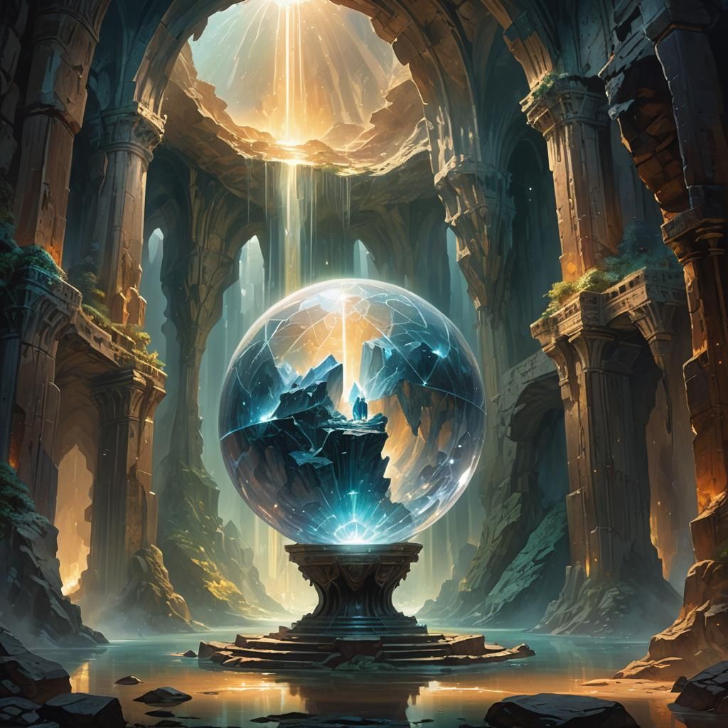 Glowing Crystal Sphere in Fantasy Cavern Painting