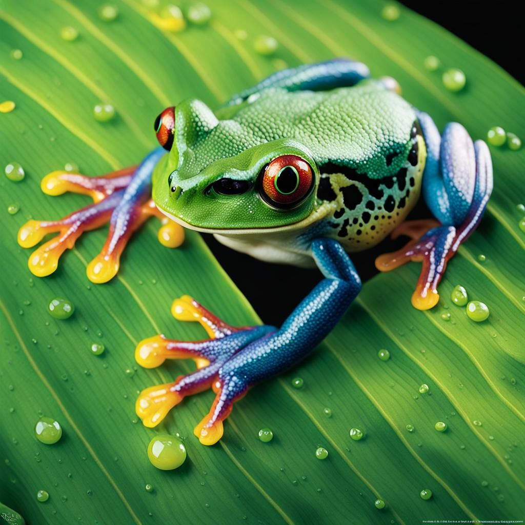 Jewel-toned tree frog perched delicately on a dew-kissed leaf
