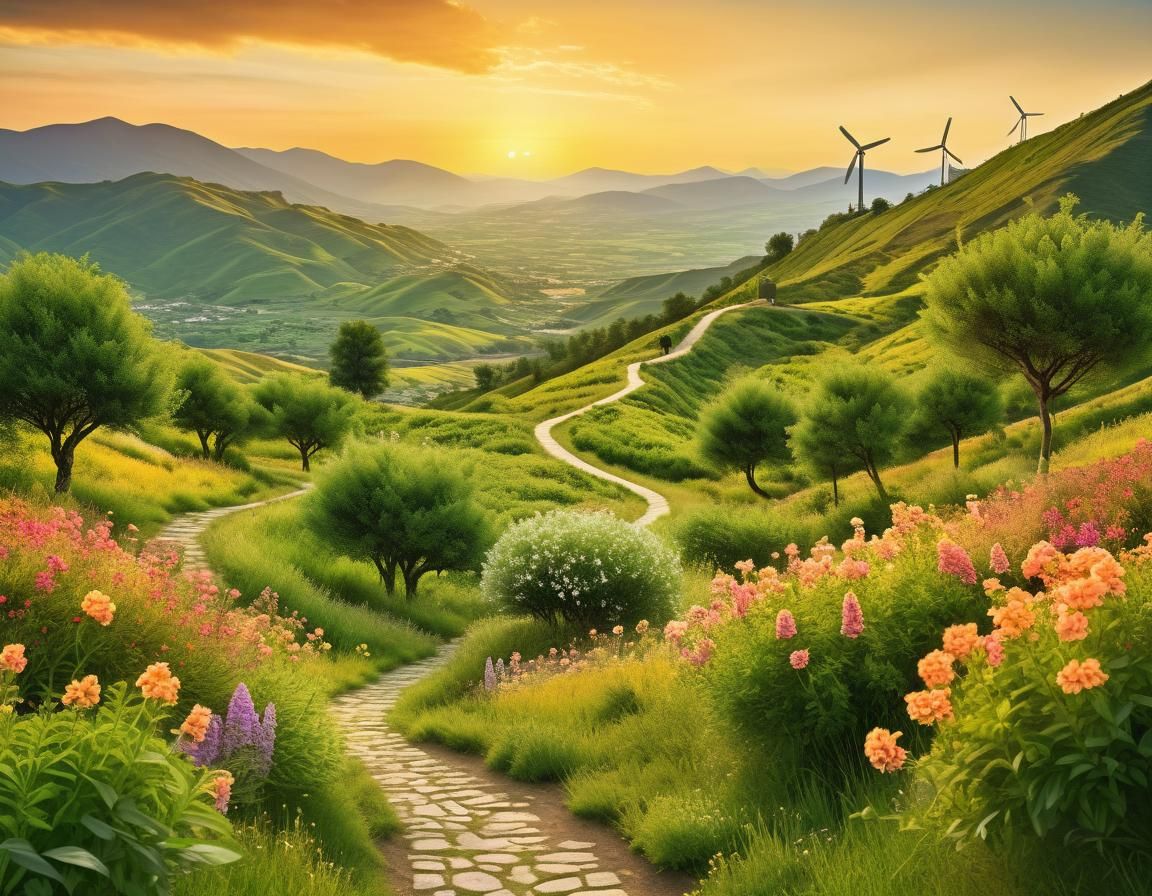 Scenic Mountain Path at Sunset in Gouache Style