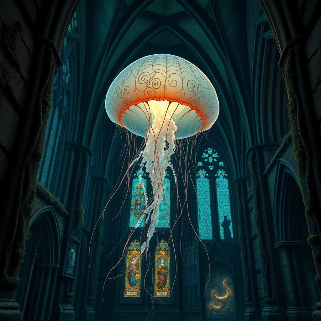 Bioluminescent Jellyfish in Gothic Cathedral: Art Nouveau St...