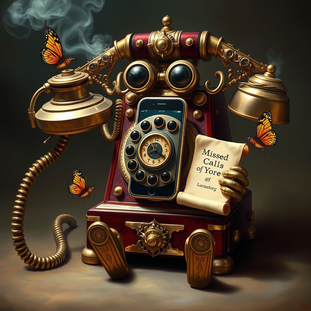 Steampunk Rotary Telephone Character Adores Modern Smartphon...