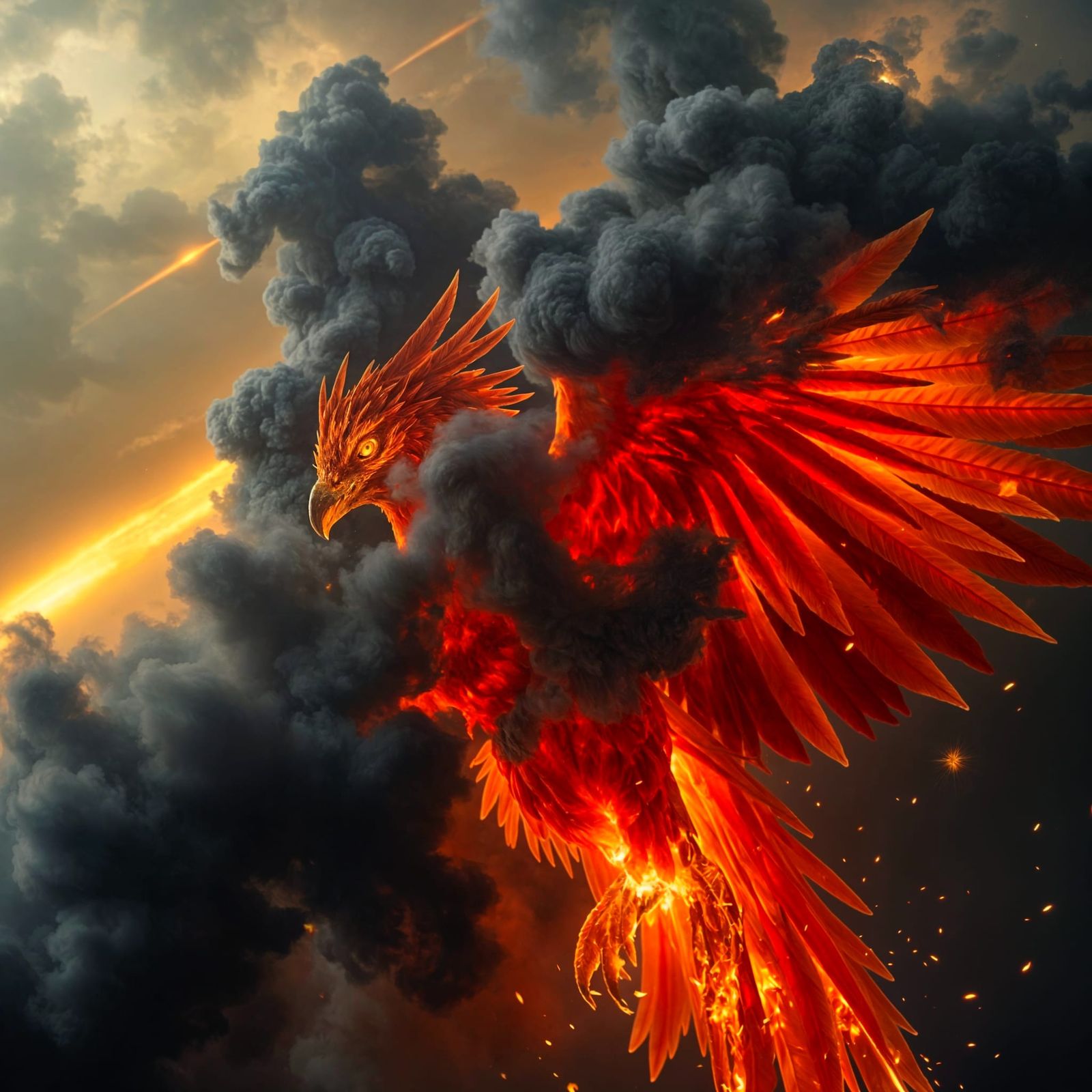 Blazing Phoenix Rising from Smoke, Photorealistic Image