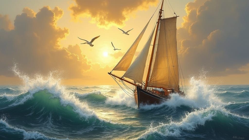 Golden Ocean: Sailboat Navigating Turbulent Waters