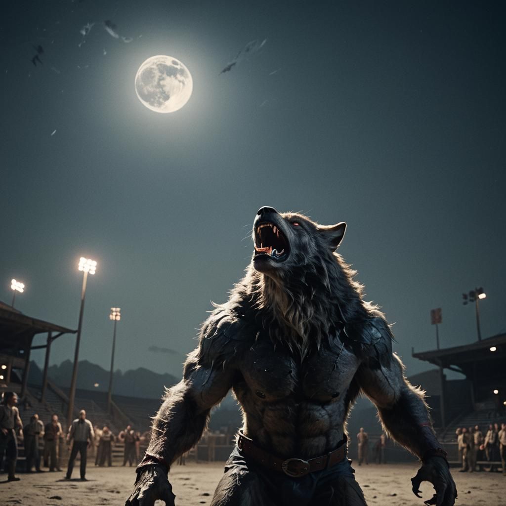 Werewolf Gazes at Moon in Fighting Arena