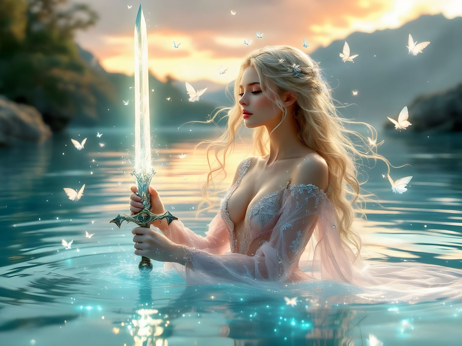 Ethereal Goddess of the Lake Reveals Excalibur in a Radiant...