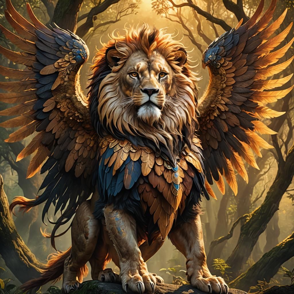 Majestic Lion-Phoenix Hybrid in Fantasy Forest