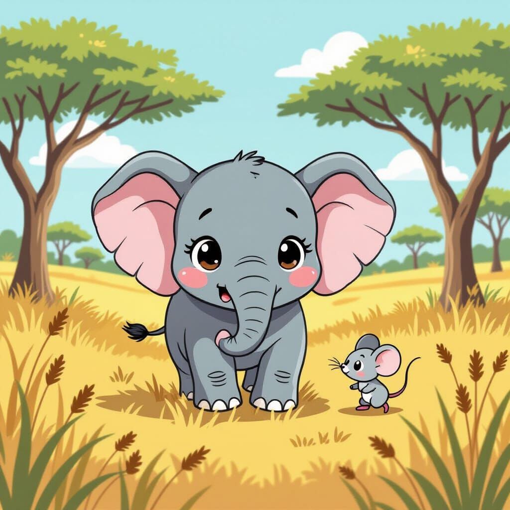 Kawaii Elephant in African Savannah Art