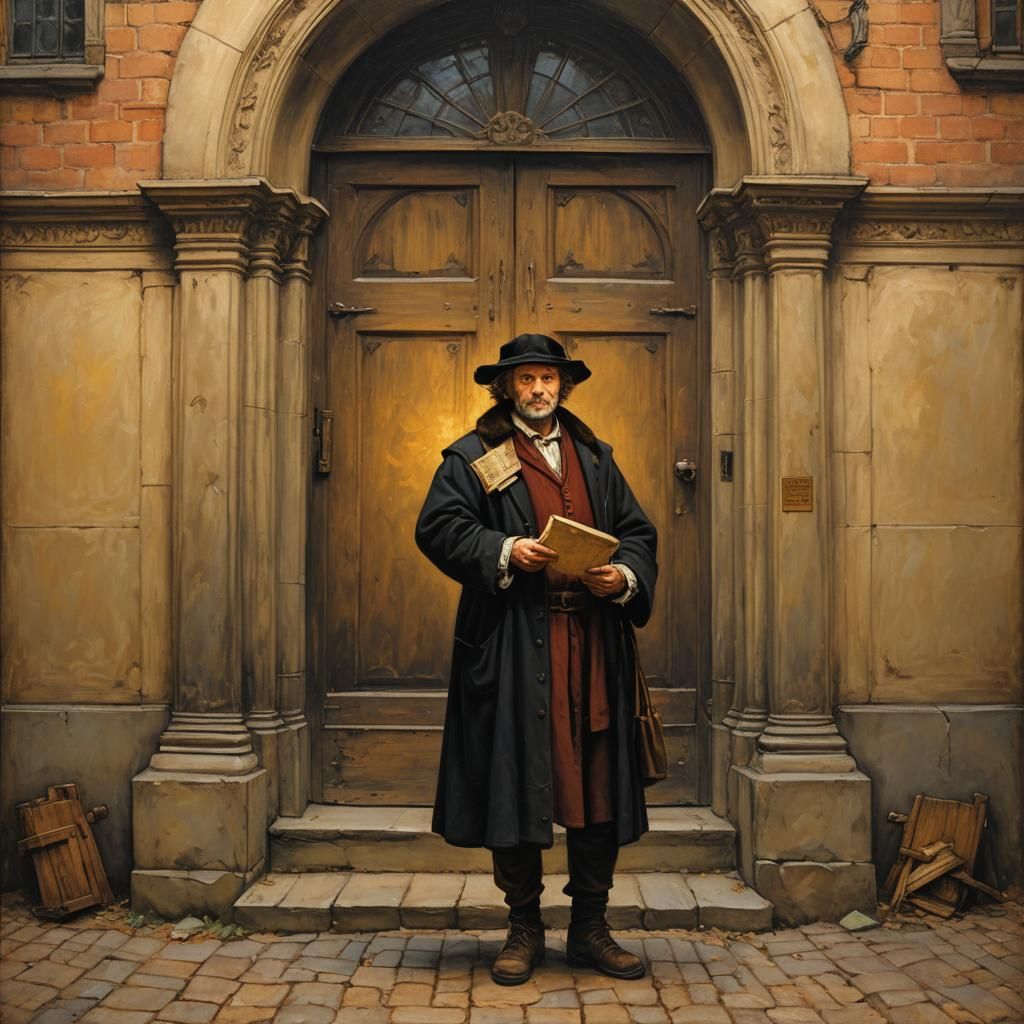 Luther Nailing Theses: Oil Painting in Rembrandt Style