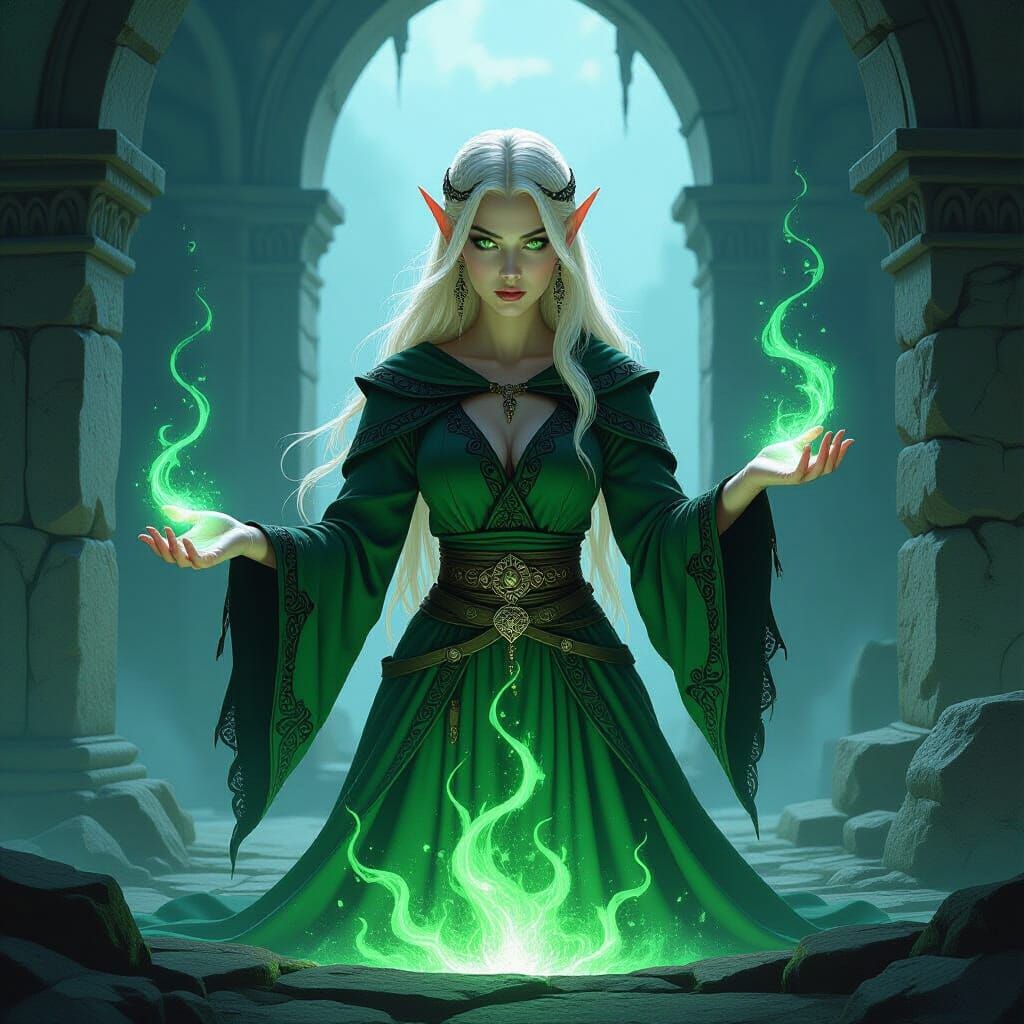 Elven Necromancer Conjuring Magic in Ancient Ruins