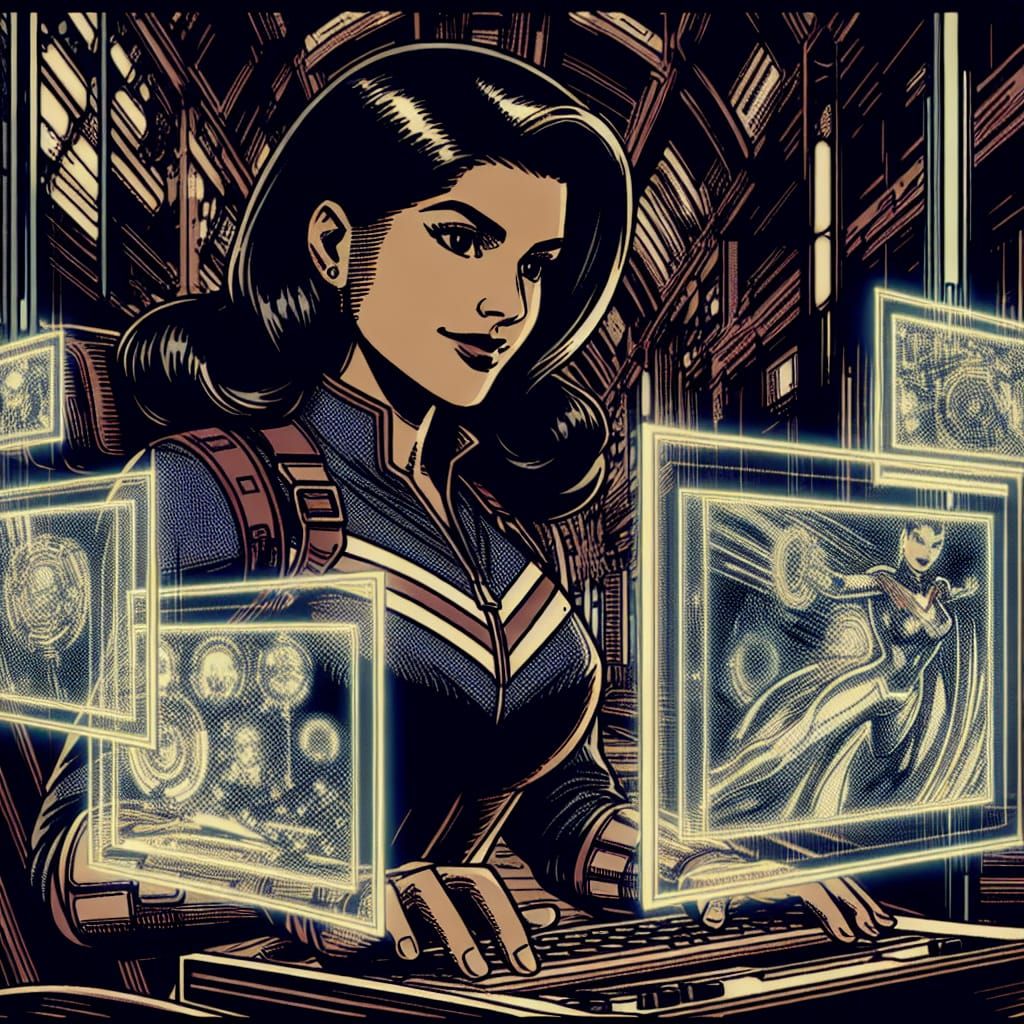 Latina Superhero Operates Supercomputer in Comic Book Style