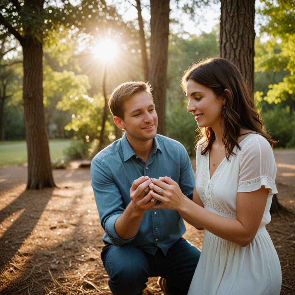 Man Proposes in Romantic Outdoor Setting with Golden Hour Li...
