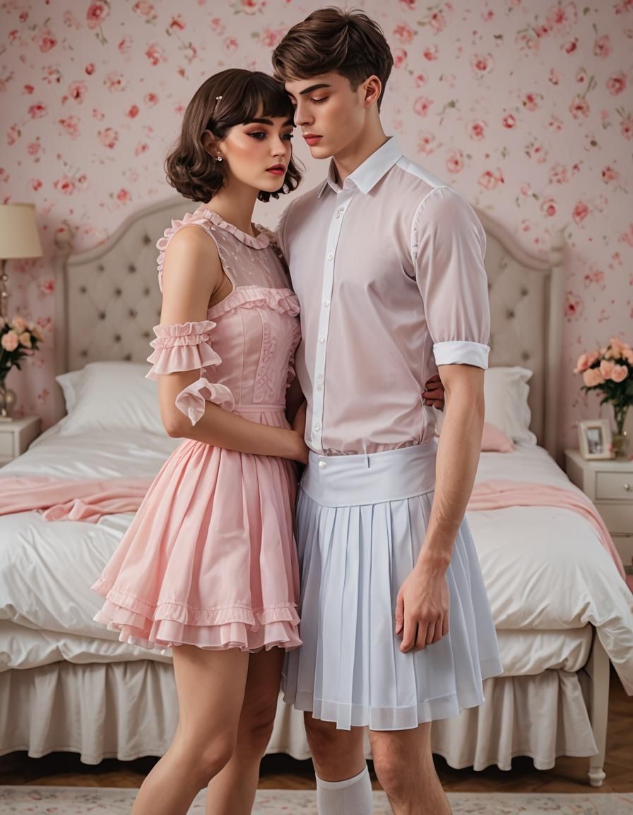 Muscular Teen in Frilly Dress Kissing Girl