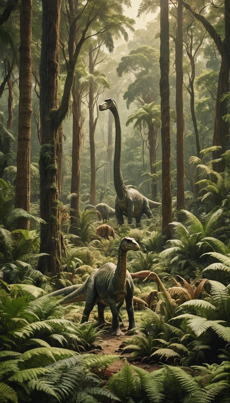 Jurassic Landscape with Grazing Brachiosaurus in Soft Light