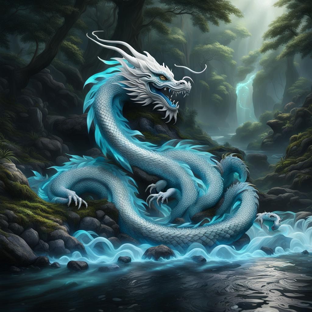 Sapphire Dragon Emerges from a Forest River