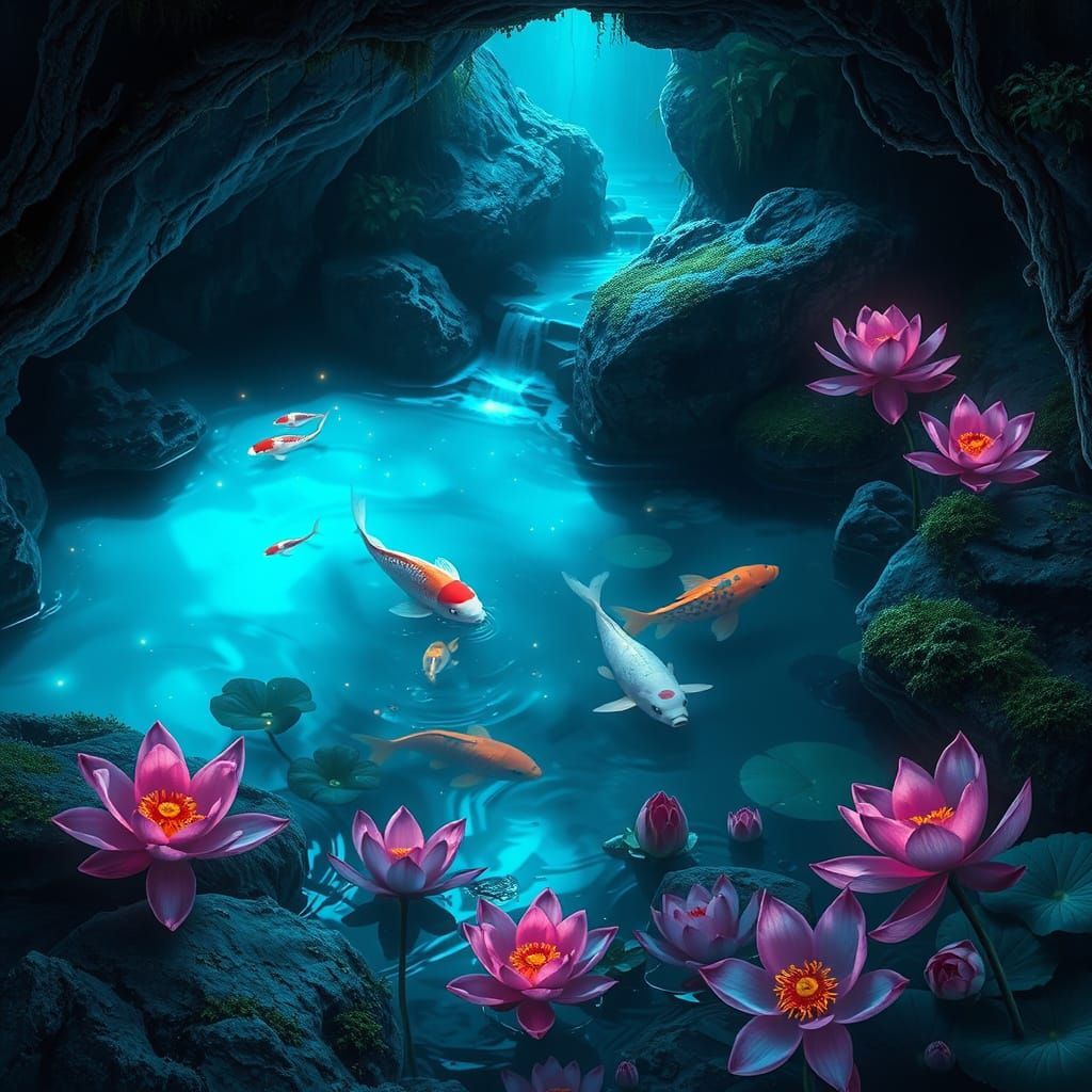 Bioluminescent Koi Pond in Hidden Grotto: Surreal Matte Pain...