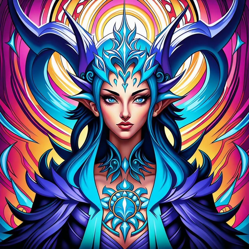 Teal Horned Demon Portrait in Hyperdetailed Style