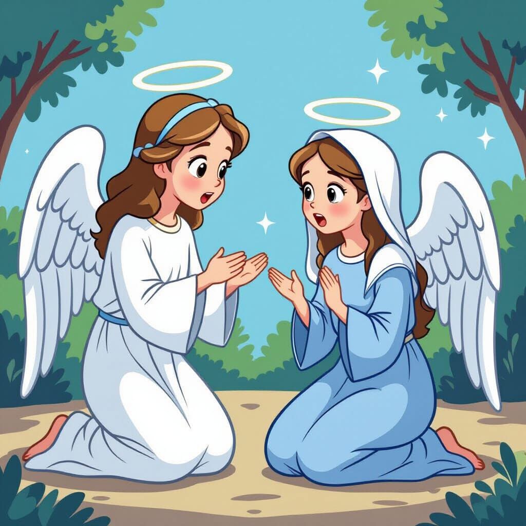 Cartoon Angel Gabriel Meets Young Mary for Coloring Book