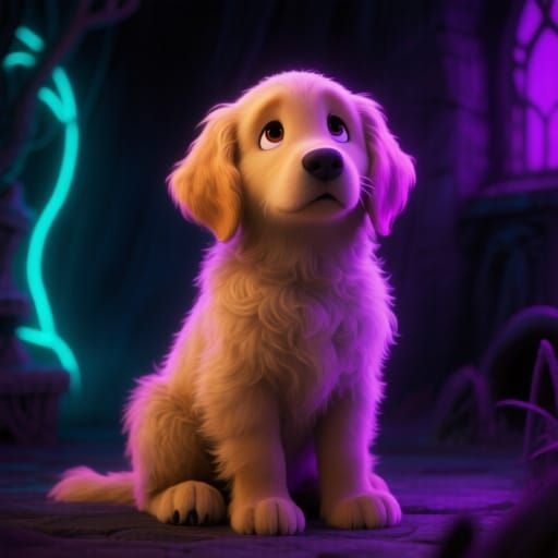 Golden Retriever Puppy Begging with Neon Glow