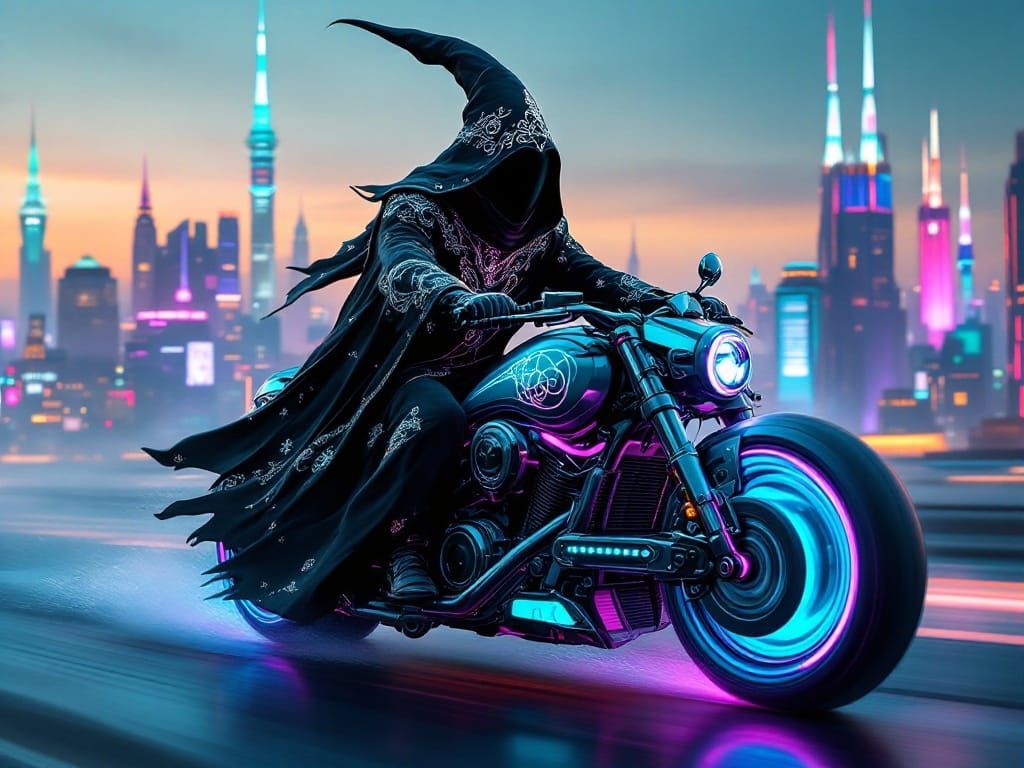 Cyberpunk Wizard Rides Futuristic Motorcycle in Neon City
