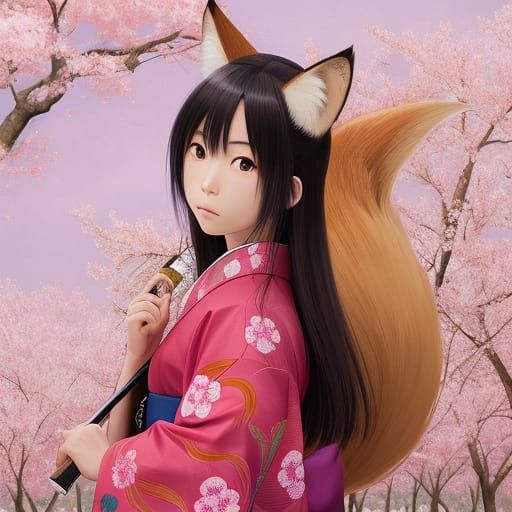 Anime Samurai with Fox Features in Cherry Blossoms