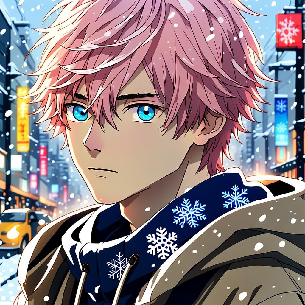 Anime Boy with Pink Hair in Snowy Tokyo Street