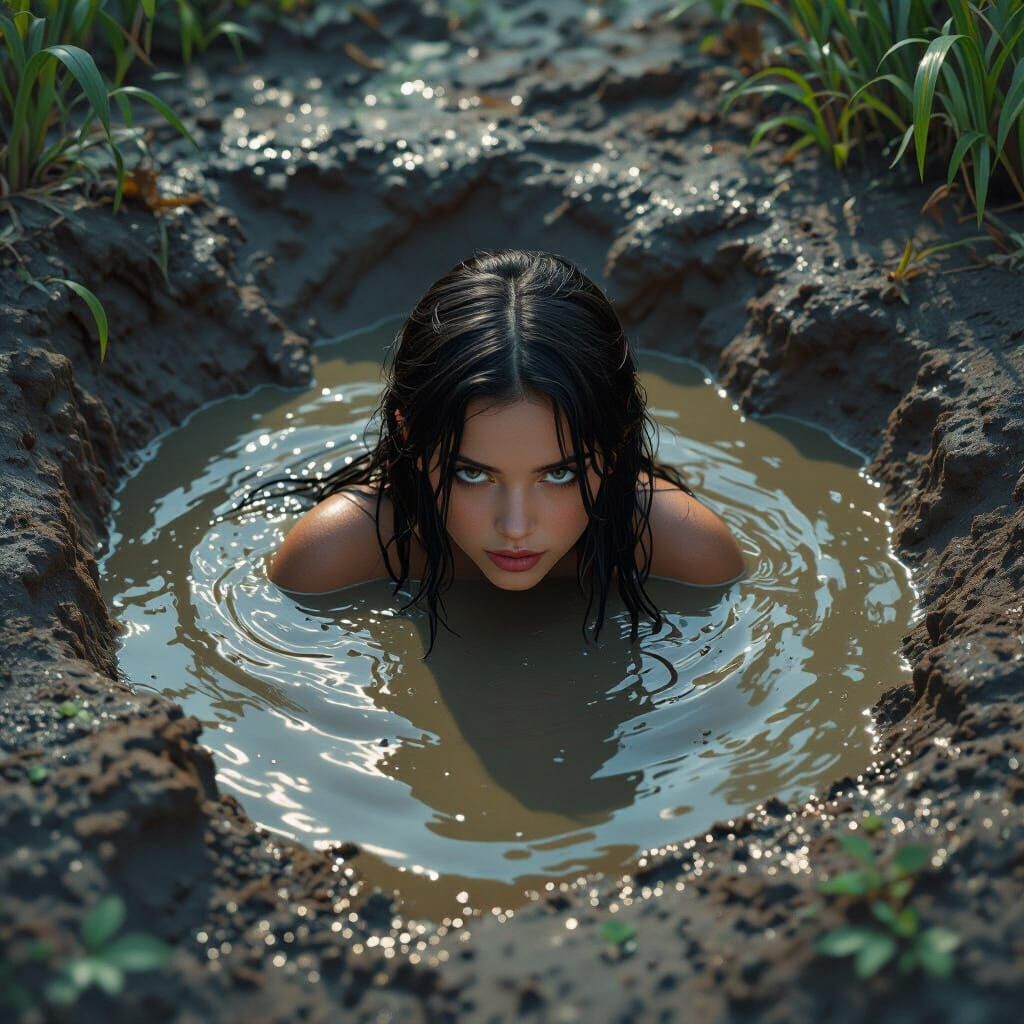 Dark-Haired Girl Sinks Into Mystical Mud Pit