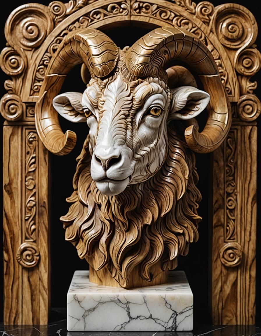 Olive Wood Ram Statue on Marble Pedestal