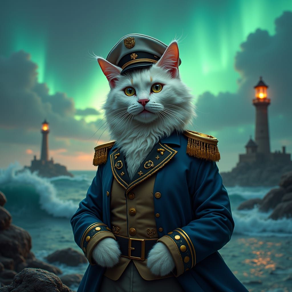 Birman Cat Captain in Stormy Seas, Digital Matte Painting