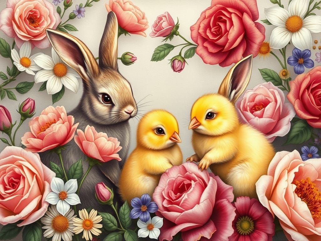 Easter Bunnies Painting Eggs in Renaissance Style